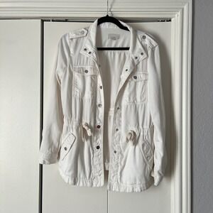 LOFT Womens Jacket‎ XS White Military Utility Anorak Drawstring Snap Button